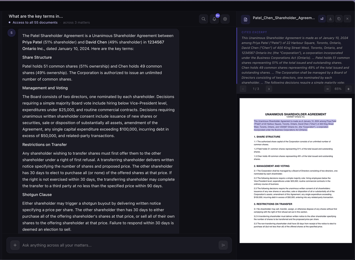 Surface AI answering a question with a citation and source panel